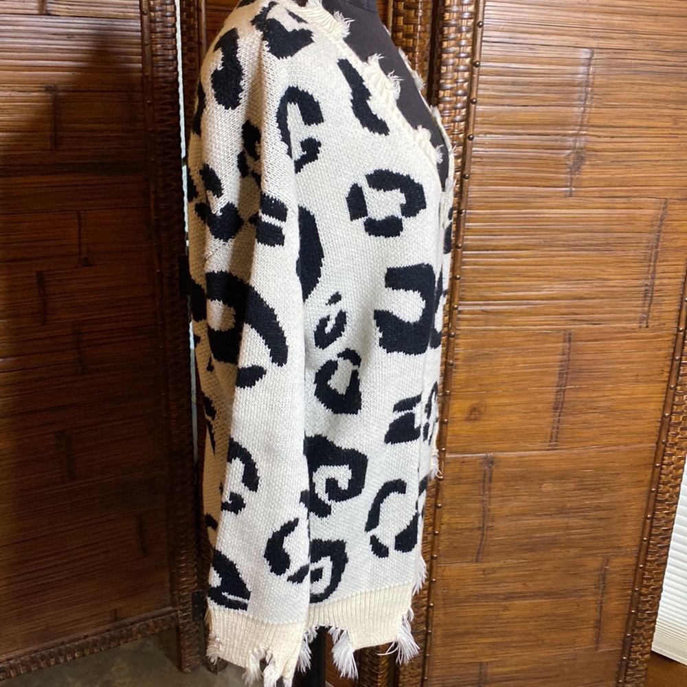 Women’s Cream and Black Distressed Leopard Print Sweater - Picture 3 of 7